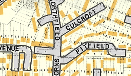 Hartley Kent: Pitfield - modern map overlaid with the map of the Payne and Trapps Estate